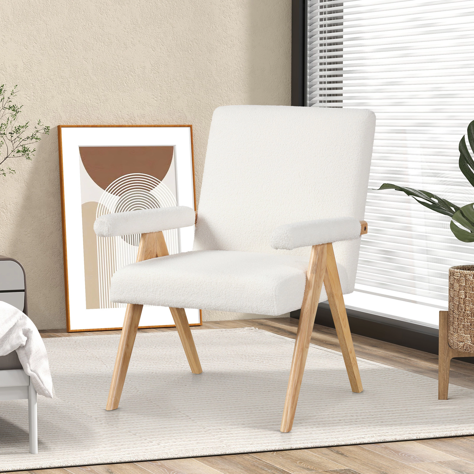 SUGIFT Mid Century Modern Rubber Wood Accent Chair with Sherpa Fabric 26-in Wide Seat 350-lb Capacity Beige and Natural