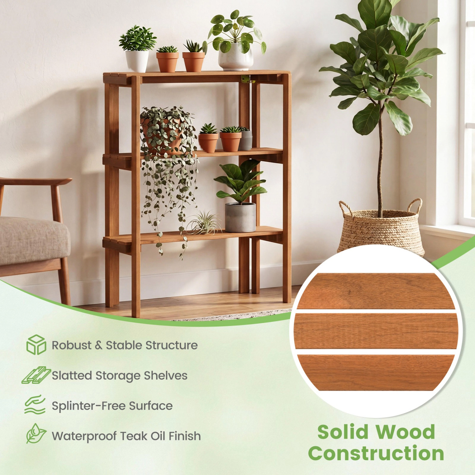 SUGIFT Natural 3-Tier 36-in Folding Wooden Slatted Storage Shelf Plant Stand and Shoe Rack for Entryway