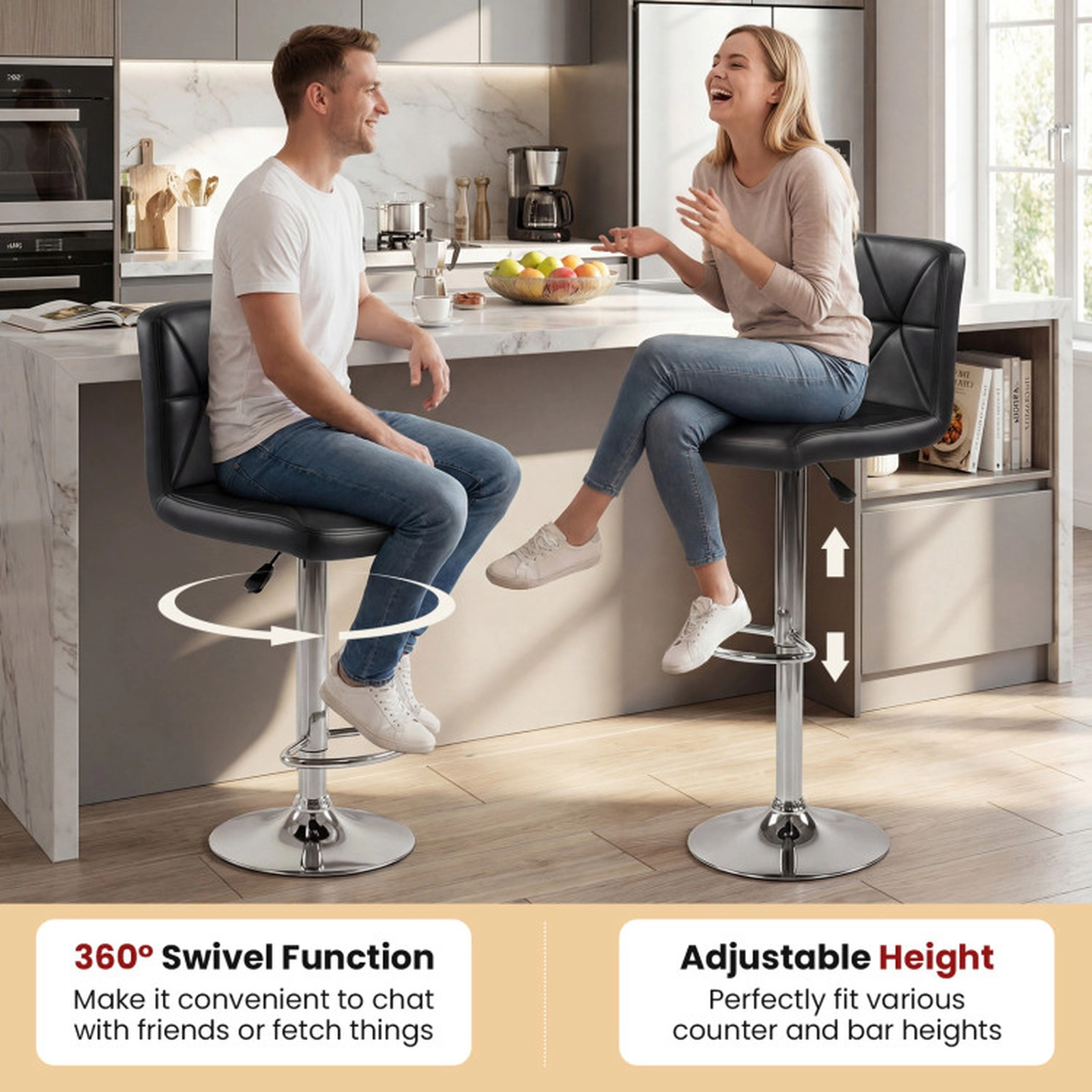 SUGIFT Adjustable 360° Swivel Bar Stools Set of 2 Back & Footrest 355-lb Capacity 25-in Seat Height Black Faux Leather