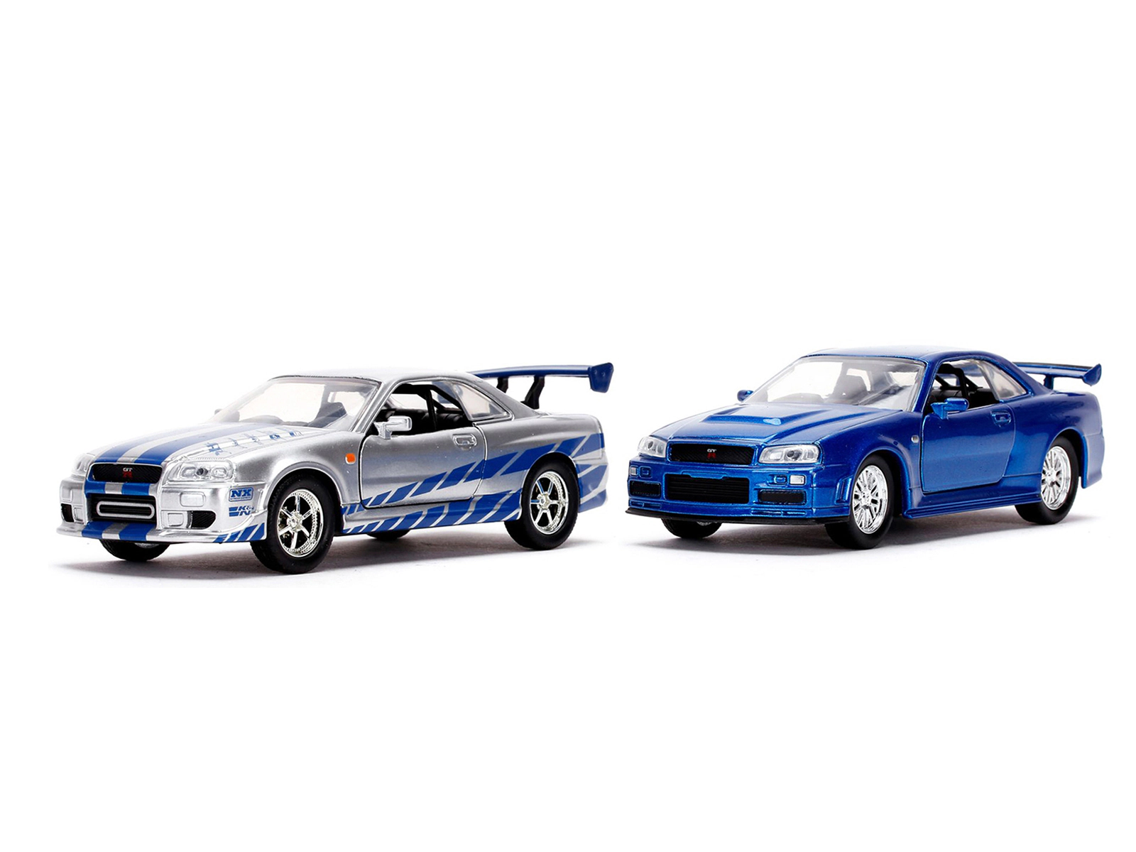 Jada Brian's Nissan Skyline GT-R (BNR34) Silver with Blue Stripes and Nissan GT-R (BNR34) Blue Metallic Set of