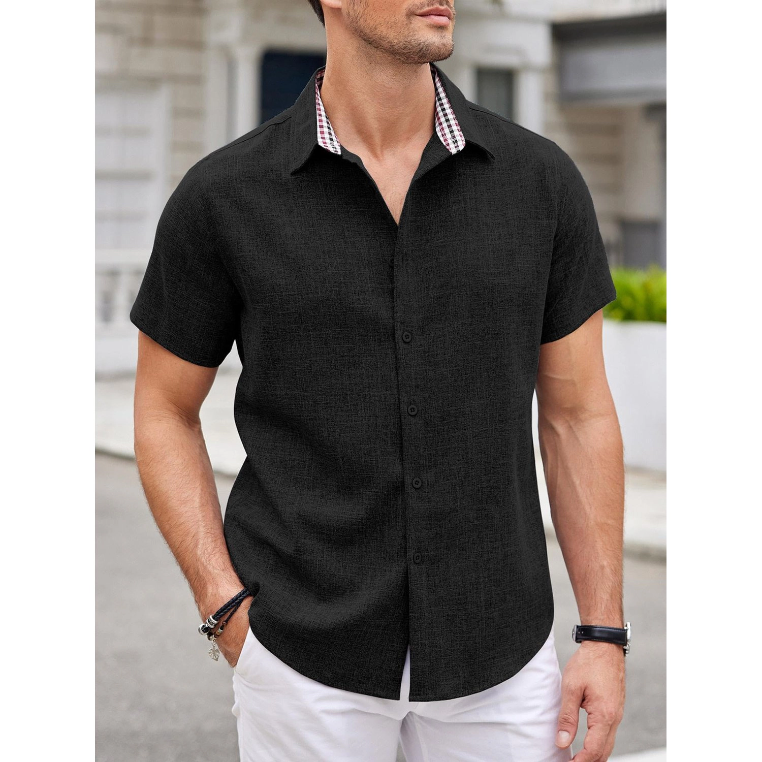 COOFANDY Mens Short Sleeve Button Down Shirt  Lapel Collar Casual Loose Tops