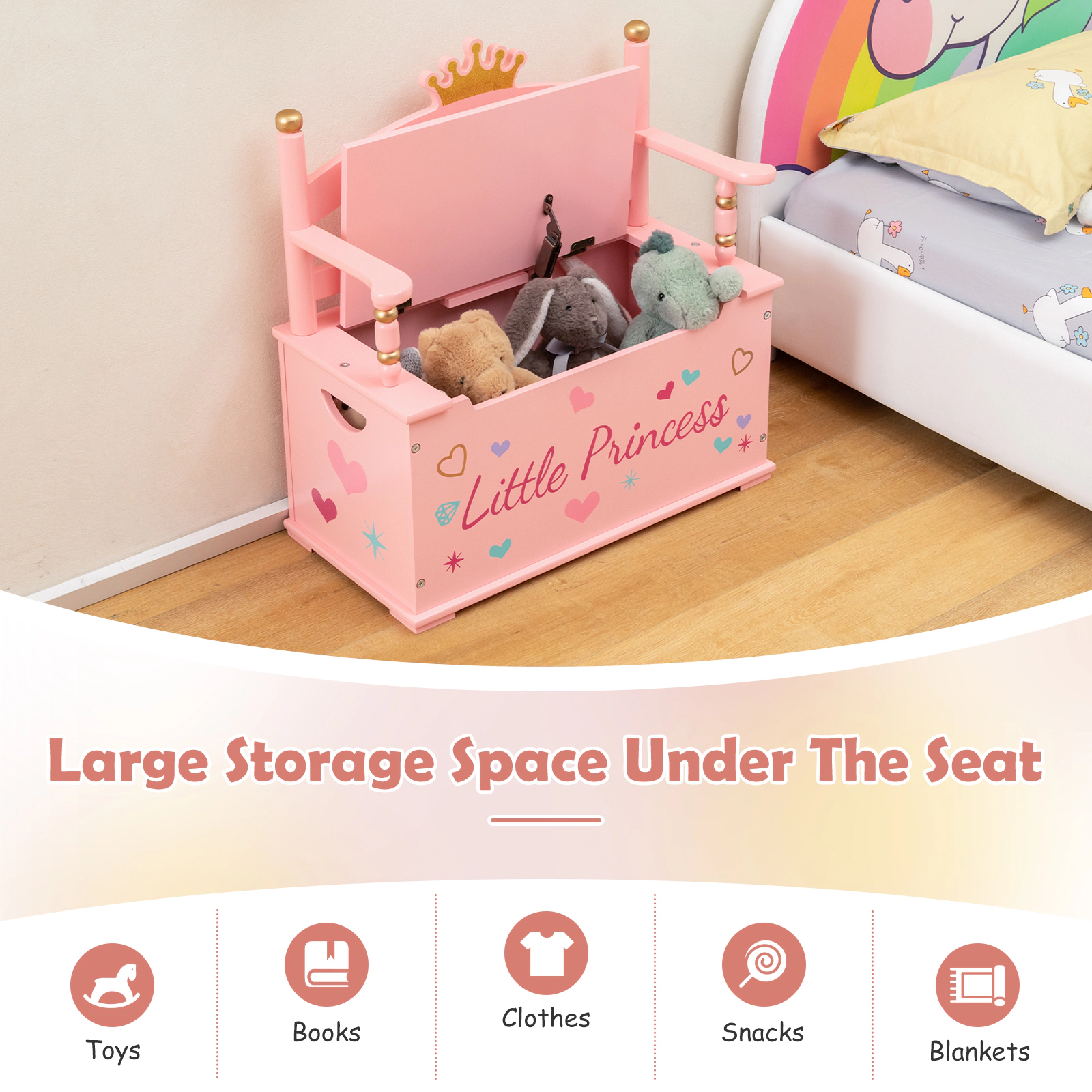 SUGIFT 2-in-1 110-lb Seat Kids Wooden Toy Box and Storage Bench with Backrest Armrests and Hinged Lid
