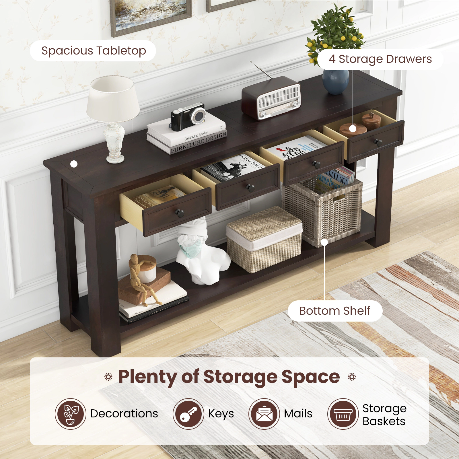 Hivvago 63 Inches Farmhouse Entryway Table with 4 Storage Drawers and Open Shelf