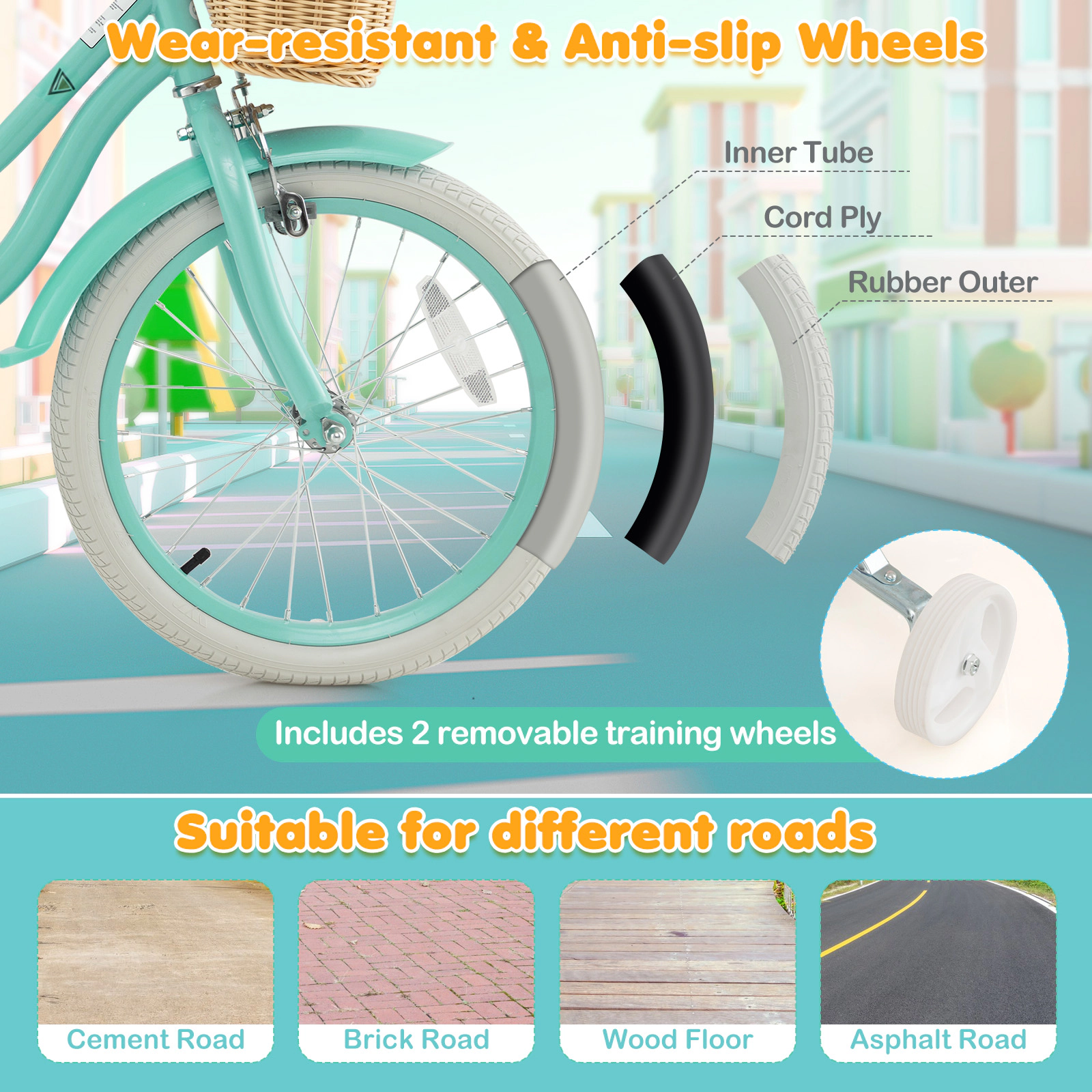 18-in Kids Bike Training Wheels Front Basket Adjustable Saddle Reaching 29-in Multi-Layer Rubber Tires Ages 4-8 Green