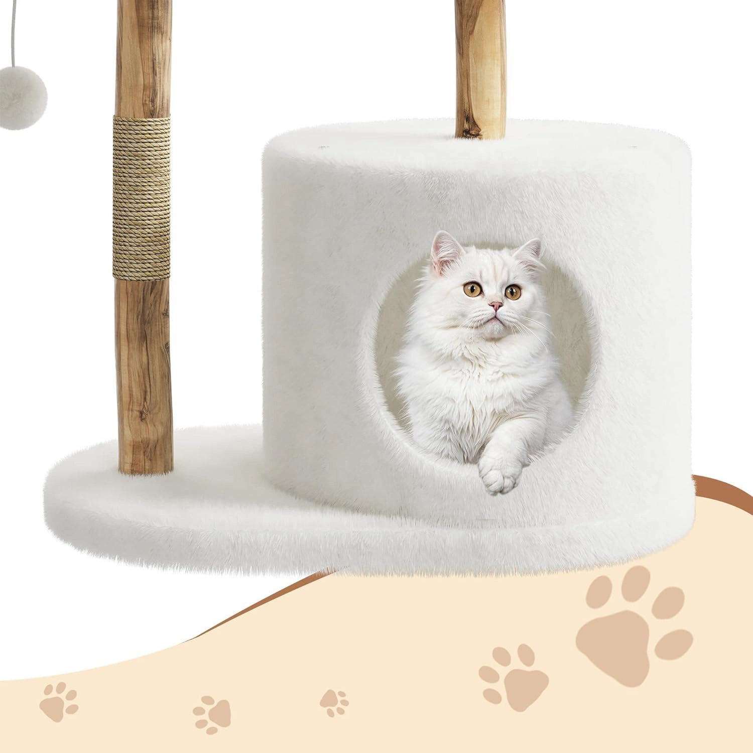 43-Inch Wood-Rattan Cat Tree Tower, Indoor Cat Condo Perch with Natural Wood Branch