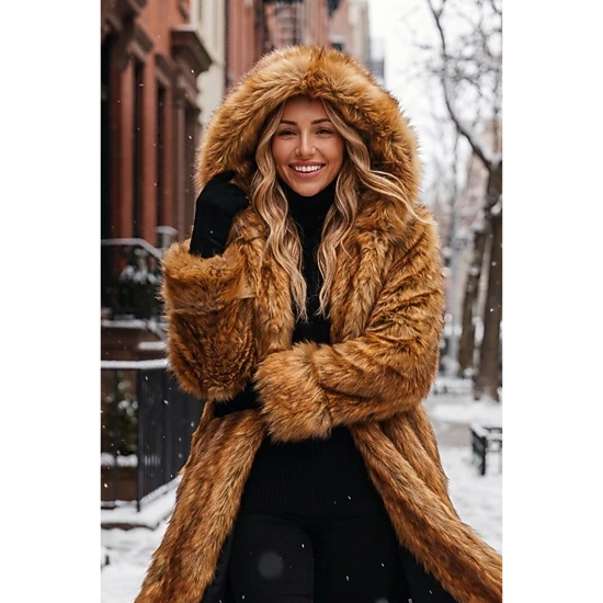 Roaman's Women's Plus Size Hooded Faux Fur Coat