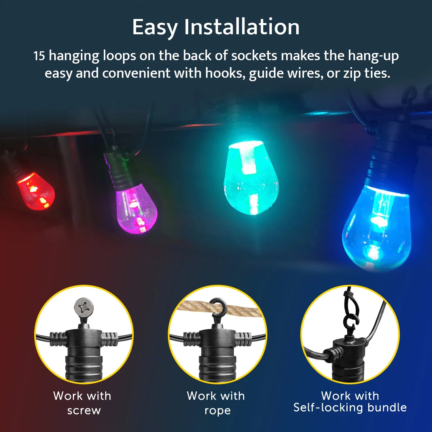 Eco4life 48FT Patio RGB LED String Lights IP65 Waterproof