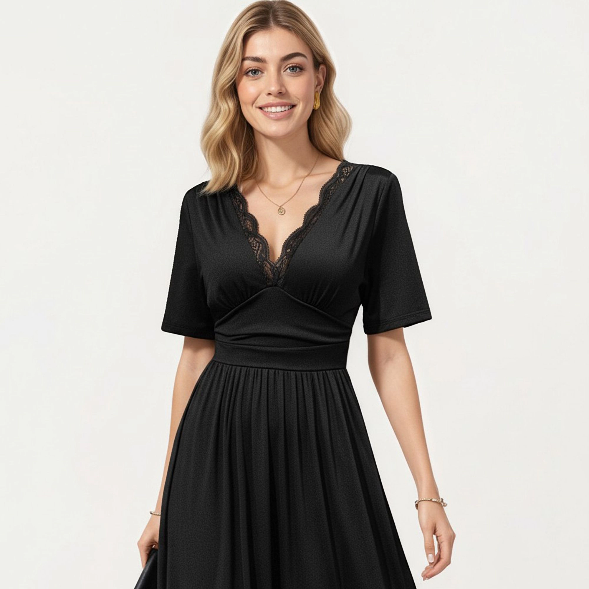 Anna-Kaci Women's Short Sleeve Lace Trim V Neck Side Slit Maxi Dress