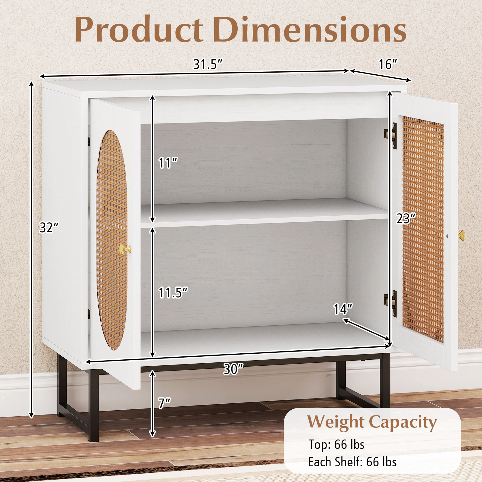 SUGIFT Rattan 2-Door Buffet Sideboard Cabinet with Adjustable Shelf 66-lb Top Capacity Natural/White