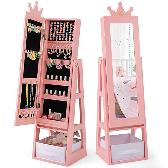 Hivvago Free-Standing Full Length Kids Jewelry Armoire Cabinet With Storage Capacity-White