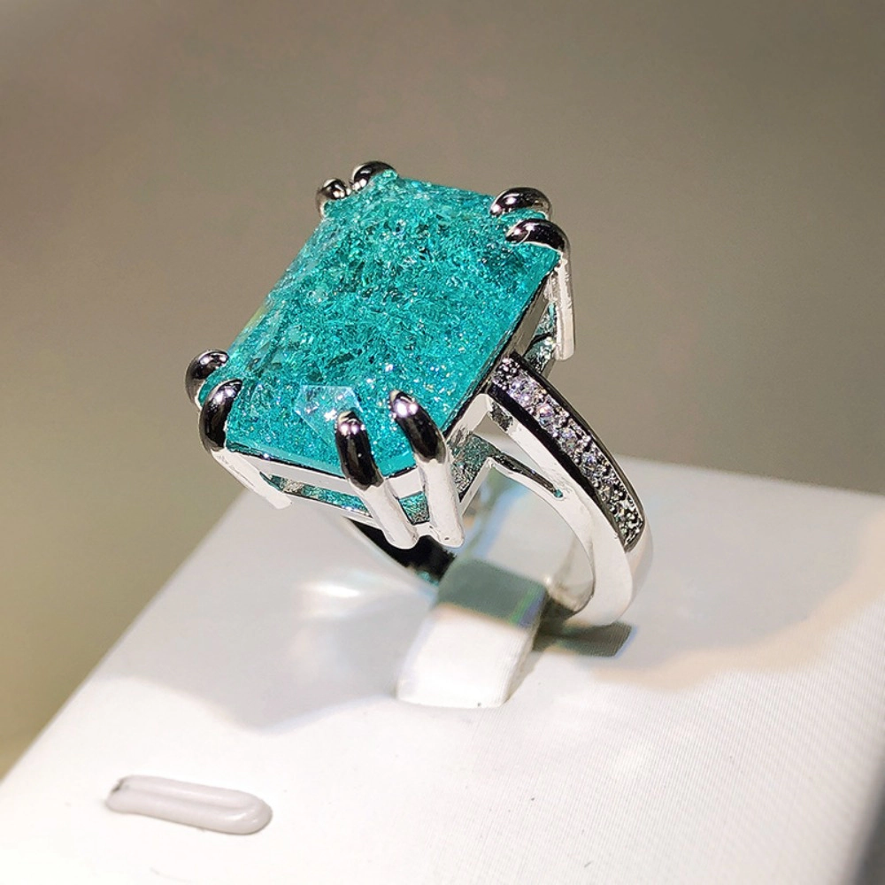 Rectangle Paraiba‑Inspired Turquoise Cubic Zirconia Statement Ring