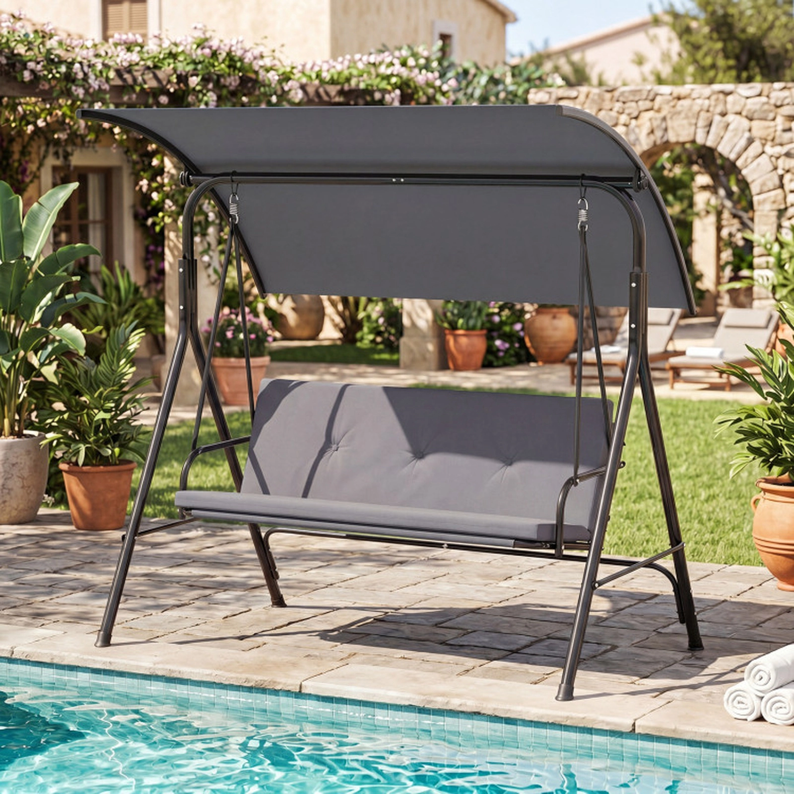 SUGIFT Gray Adjustable Canopy Removable Cushion and Metal Stand Patio Swing Chair