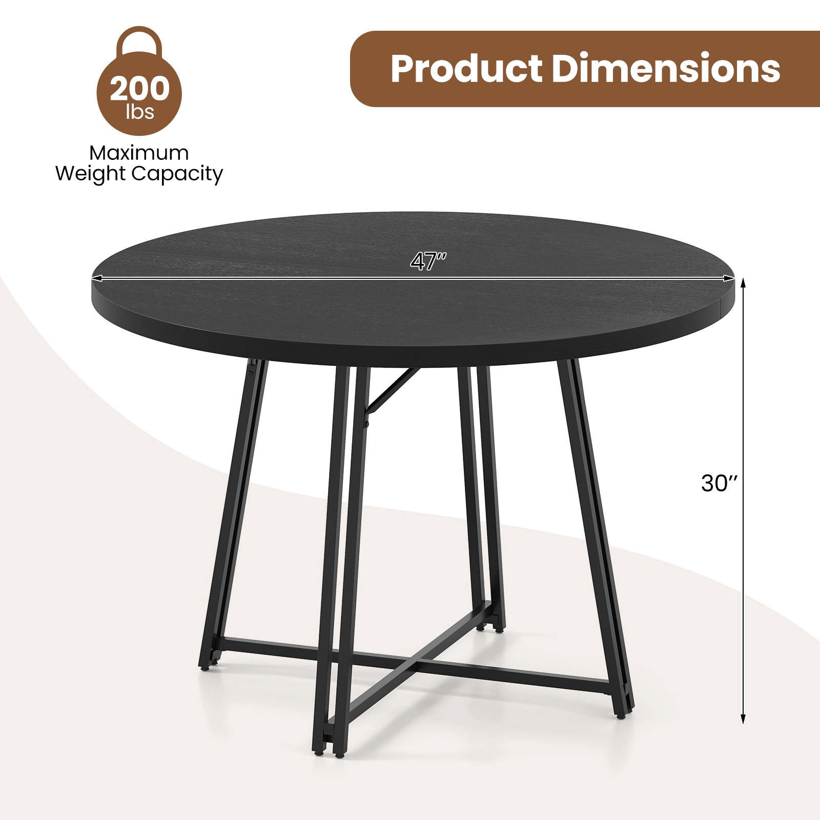 SUGIFT 47-in Round Dining Table for 4-6 People with Cross Metal Base 200-lb Capacity 47 x 30.5 in Black MDF Top