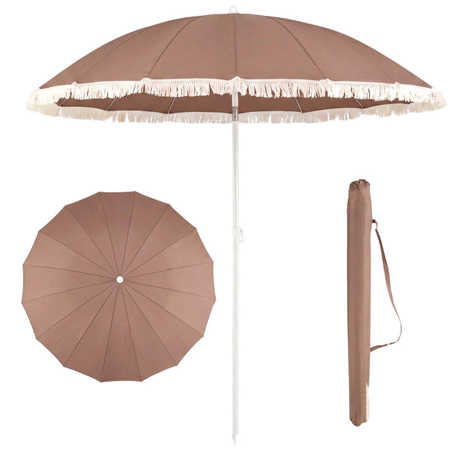 SUGIFT 7-ft Boho Fringe Patio Umbrella with Tassel Trim Tilt Pole Sand Spike and Carry Bag for Beach