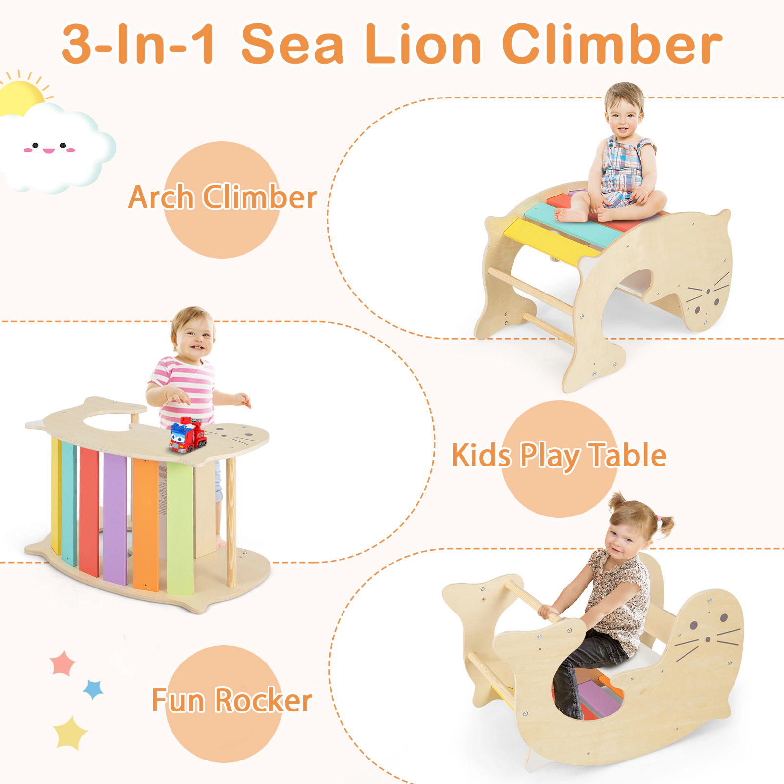 SUGIFT Toddler Reversible Ramp and Sea Lion Climber 7-in-1 Indoor Climbing Toy