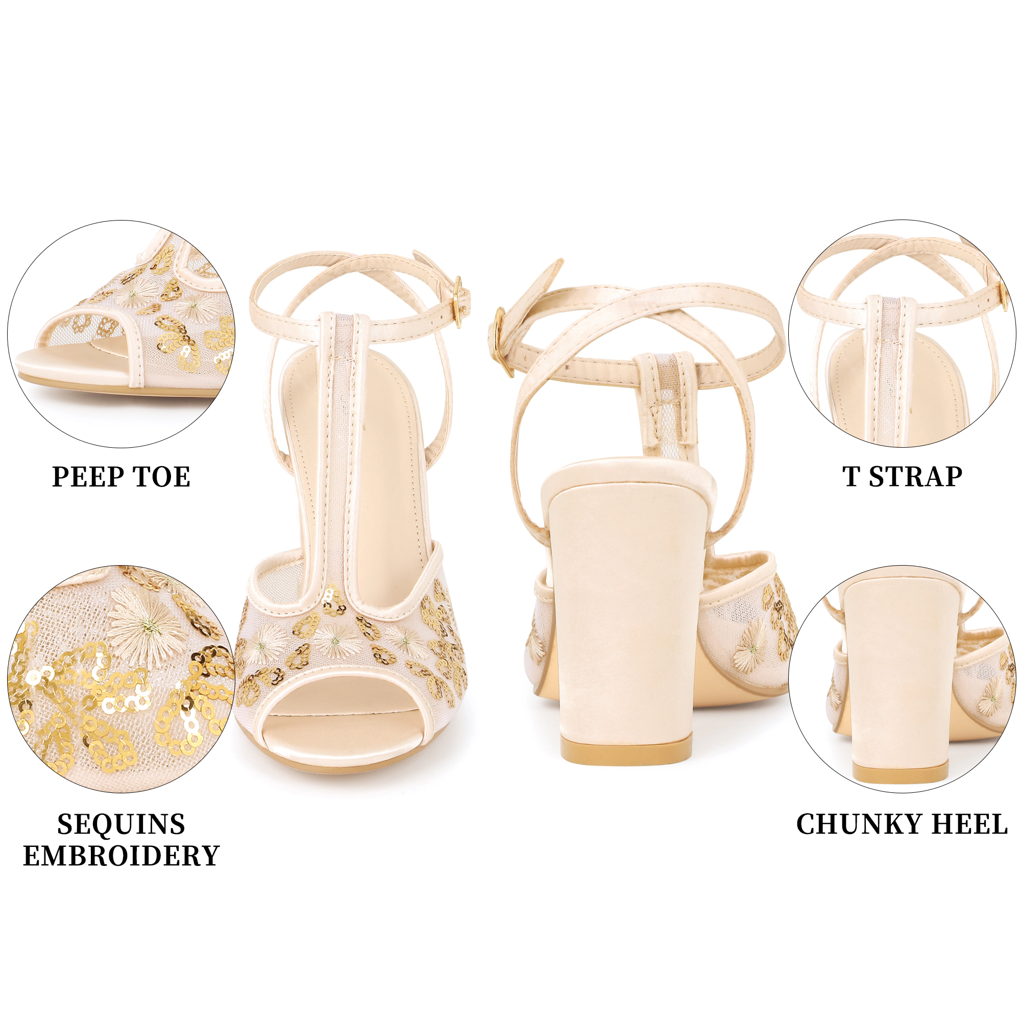 BLISSFUL STEP Women's Mesh Embroidered Chunky Heel T-strap Peep Toe Sandals
