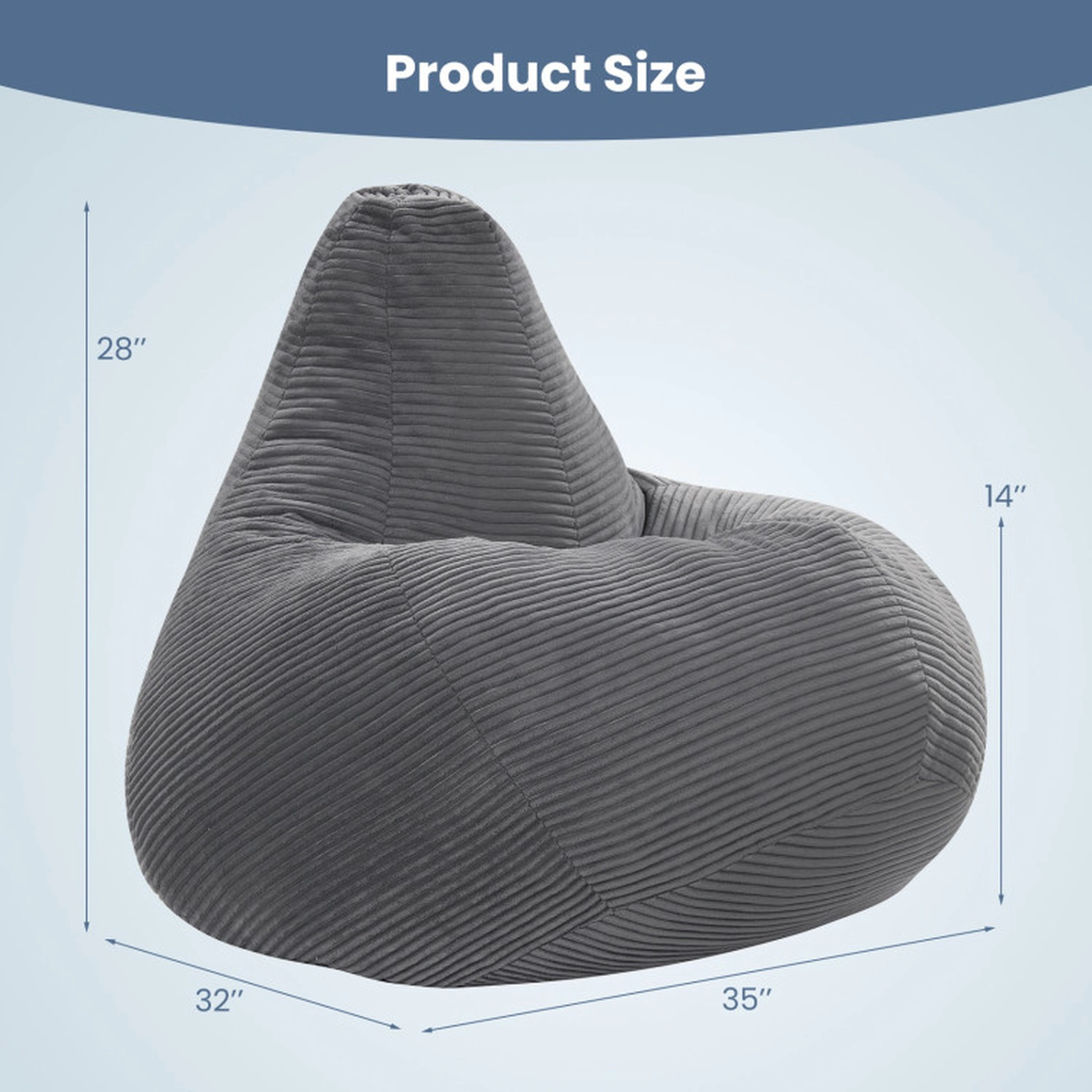 SUGIFT Adult Corduroy Bean Bag Sofa Chair Shredded Sponge Filling 330-lb Capacity 35 x 32 x 28-in 14-in Seat Dark Gray