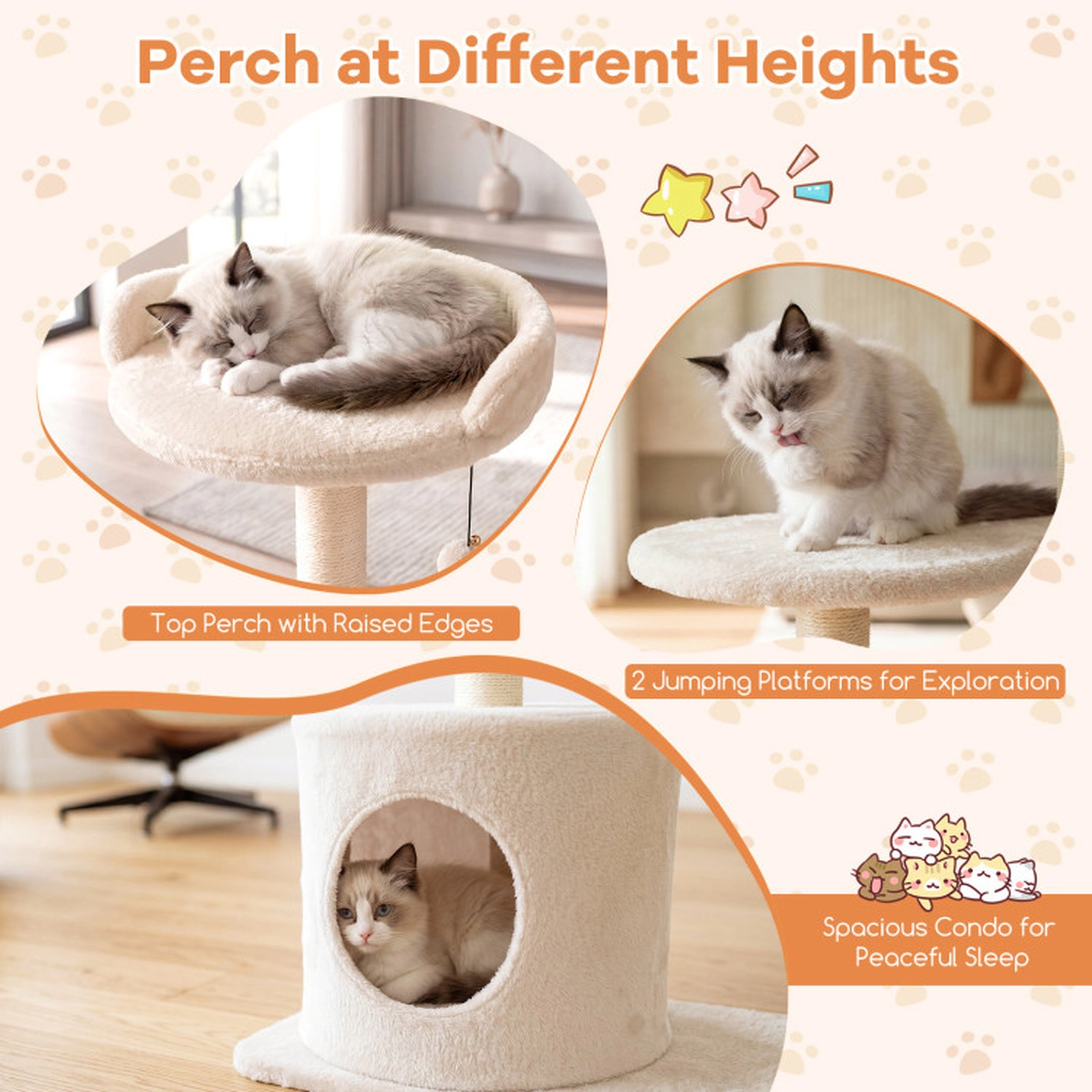 SUGIFT 43-in Beige Cat Tree for Indoor Cats with 15-in Round Raised-Edge Perches and Sisal Posts