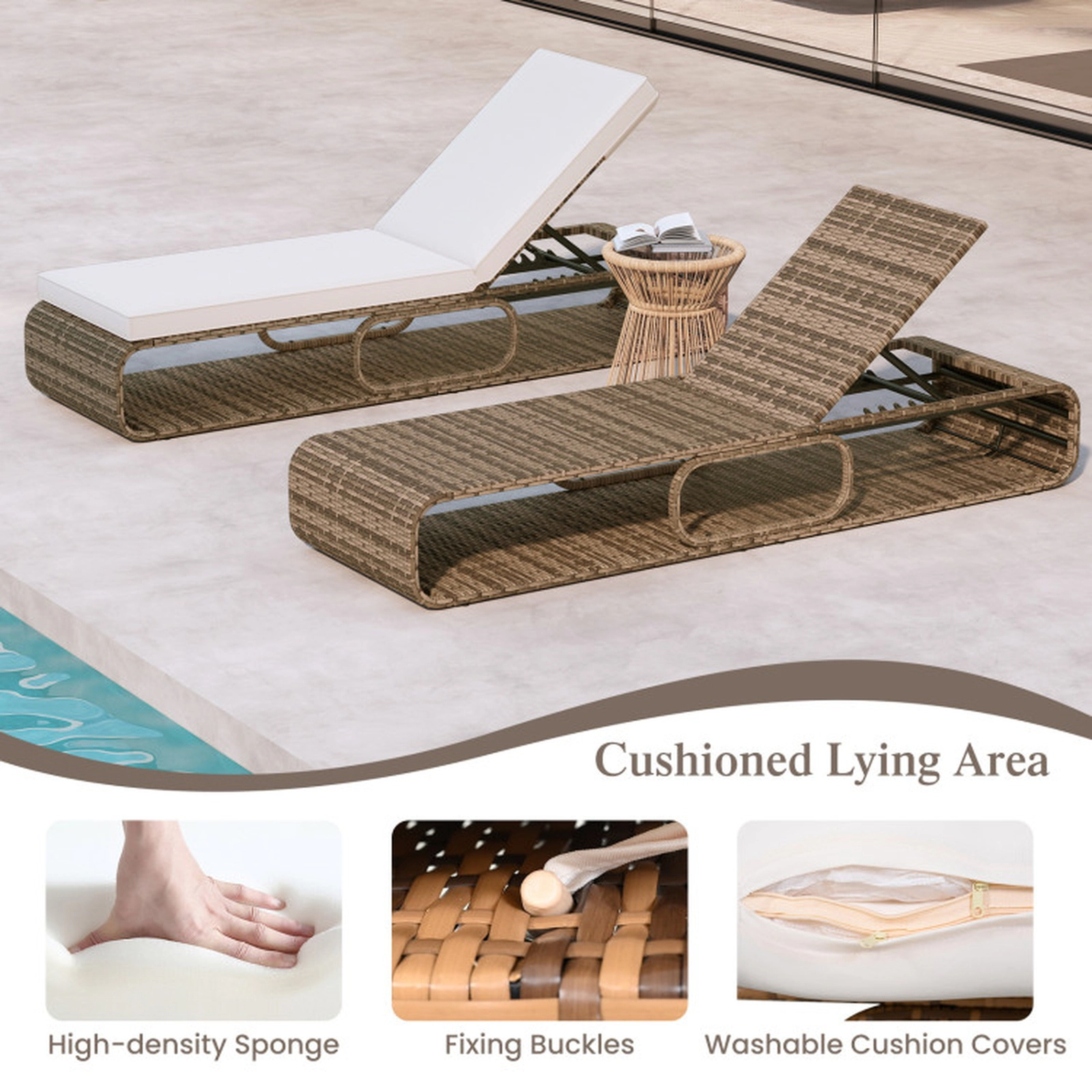 SUGIFT 7-Position Adjustable PE Rattan Outdoor Chaise Lounge Chair 400-Lb Capacity Mix Brown with Off-White/Navy Cushion