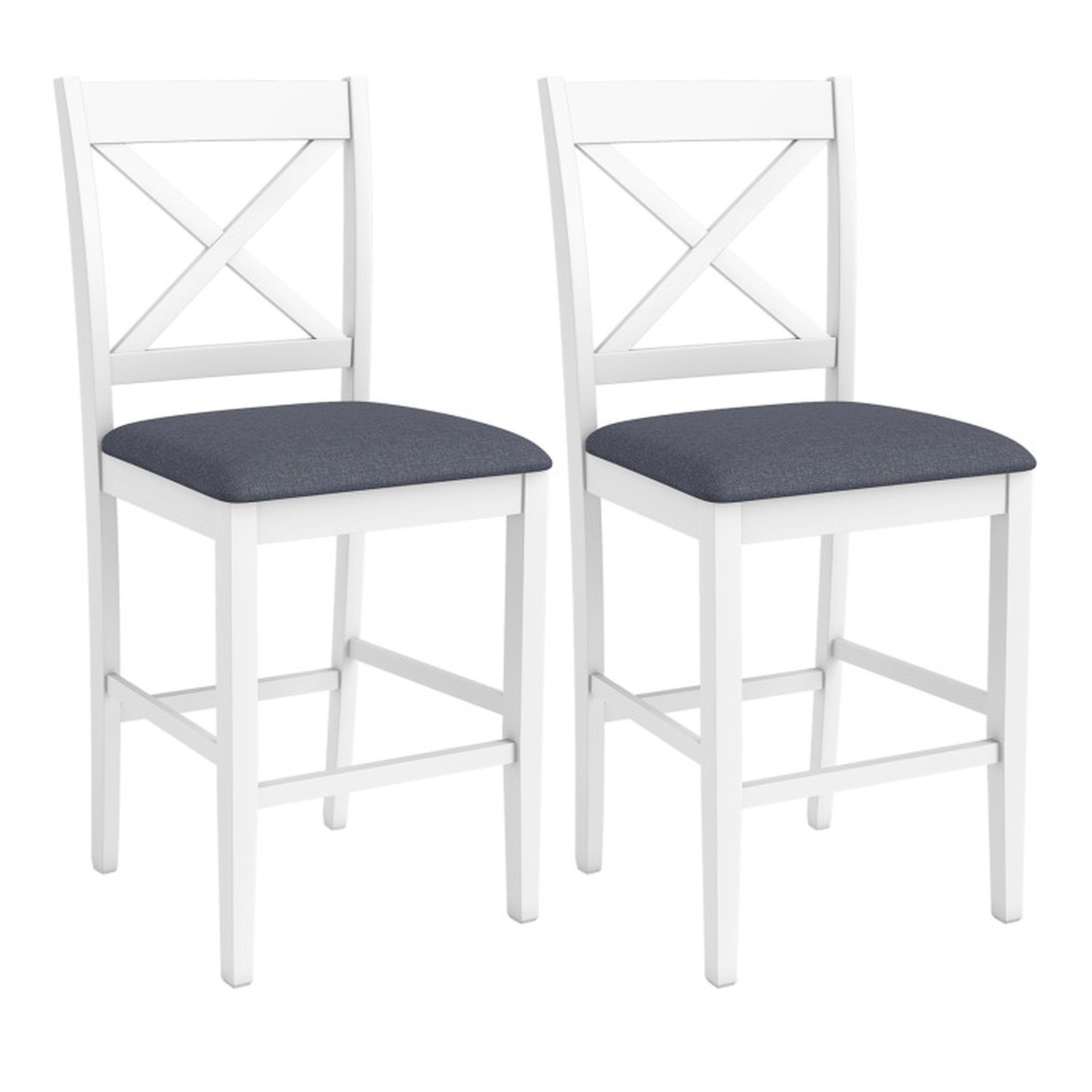 SUGIFT Gray Upholstered Cushioned Seat Set of 2 White X-Back Counter Height Bar Stools