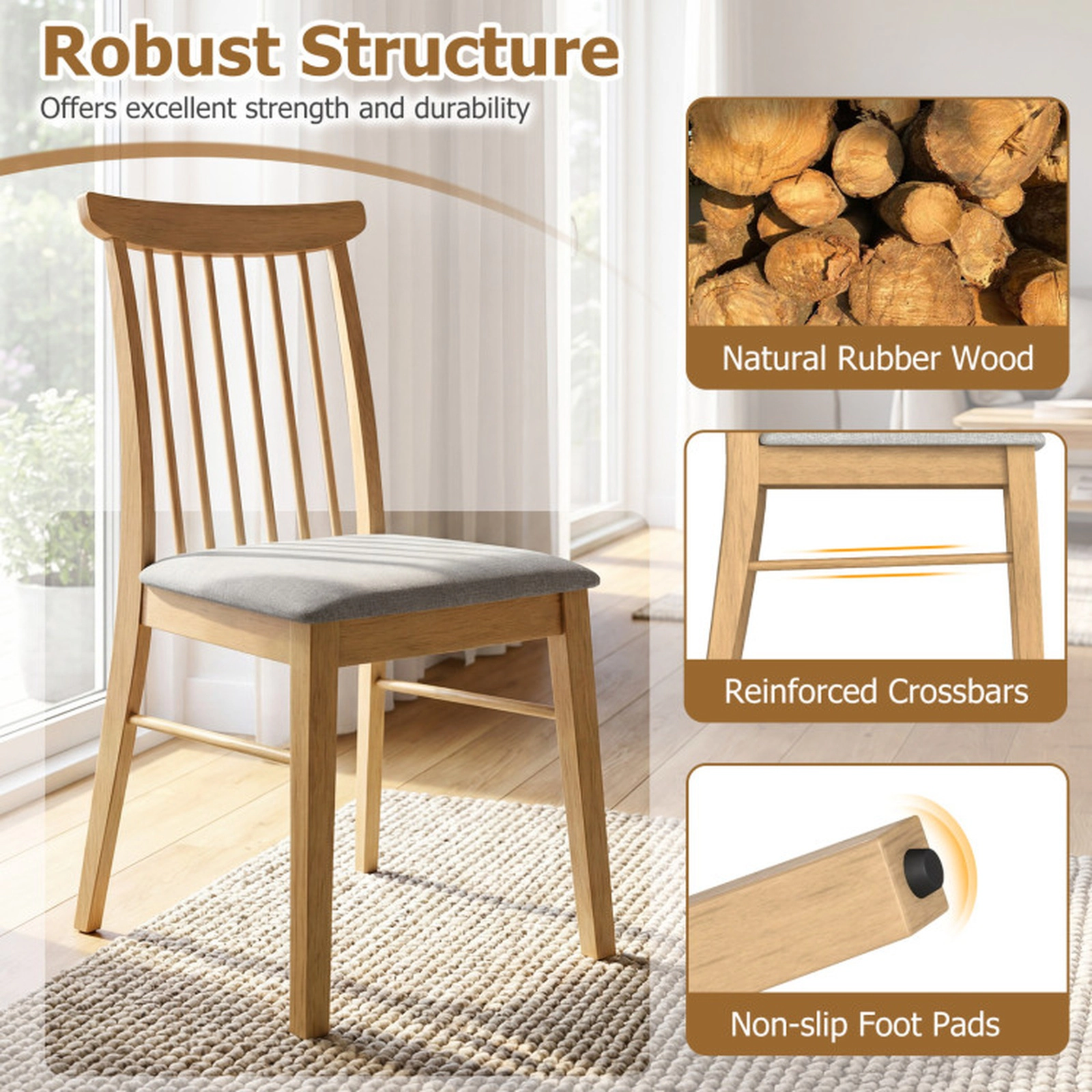 SUGIFT Fabric Upholstered Dining Chair Set of 2 Armless Rubber Wood Frame 330-lb Capacity 36-in Tall Gray + Natural