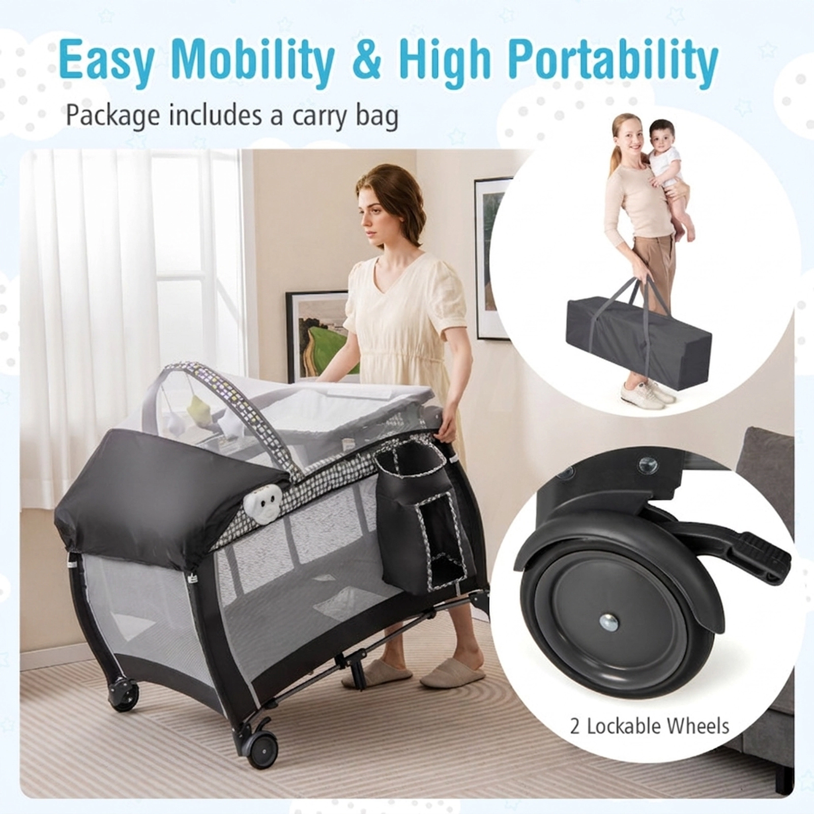 SUGIFT 4-in-1 Portable Baby Nursery Center Travel Crib and Playard 33-lb Capacity Ages 0-3 Years Gray