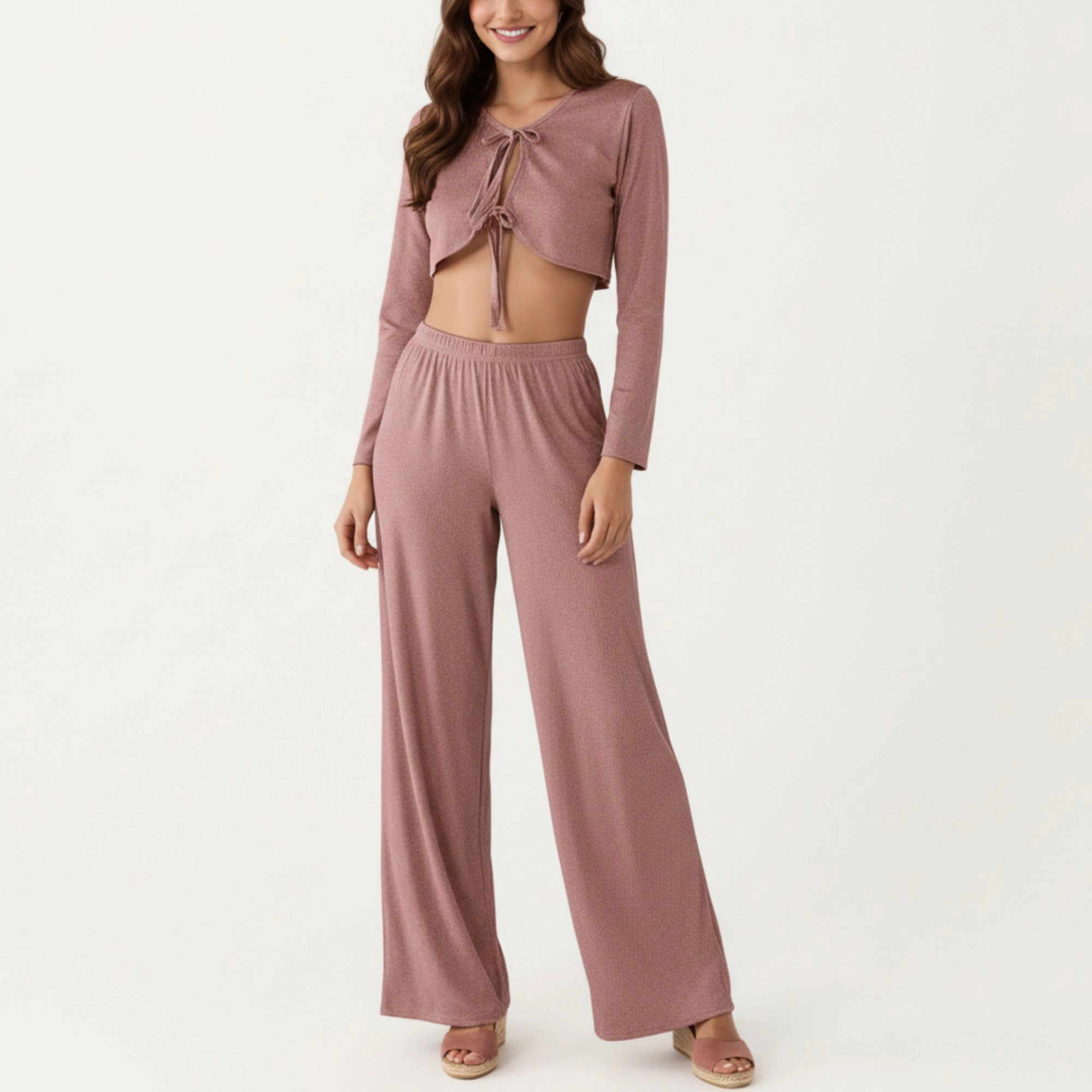 Anna-Kaci Women's Long Sleeve Pajama Set with Tie Front Cropped Top and Relaxed Fit High Waist Full-Length Lounge Pants