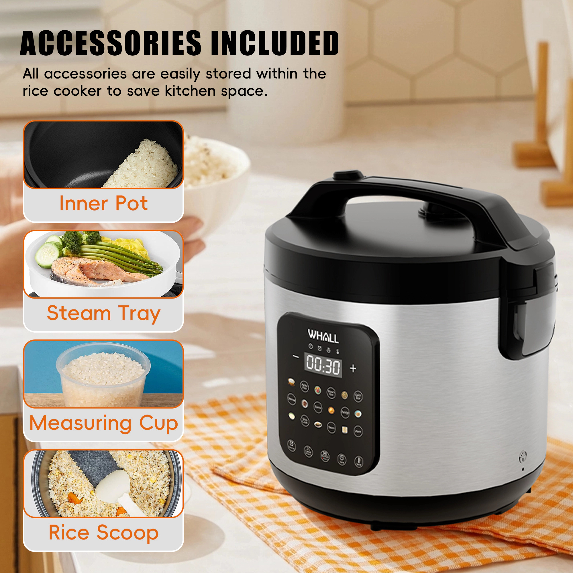 WHALL Digital Multi‑Cooker, 5‑Quart 9‑in‑1 Rice Cooker with Slow Cook, Steam, Oatmeal, Quinoa, Porridge, Delay Timer & A