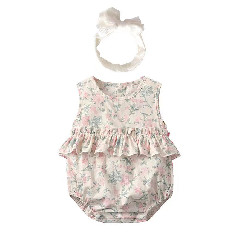 MyKids-USA Baby Girl Floral Print Graphic Ruffle Design Sleeveless bodysuit & Headband