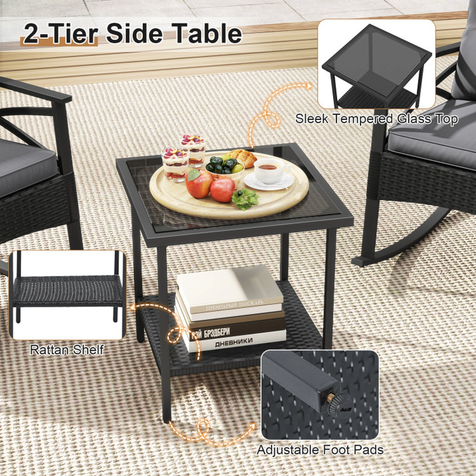 SUGIFT 3-Piece Outdoor Rattan Rocking Conversation Set Rocking Chairs & 2-Tier Side Table 400-lb Chair Capacity Black