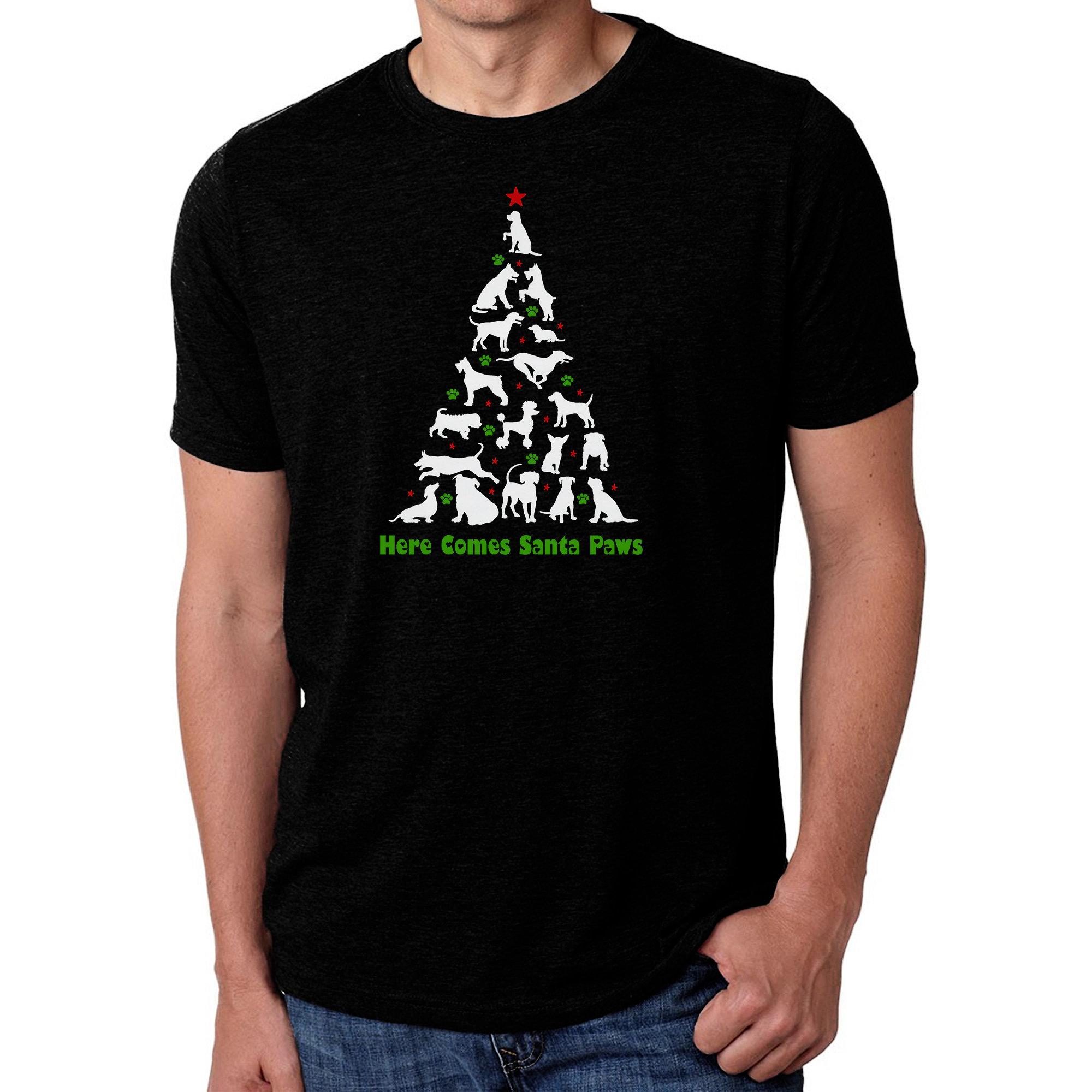 LA Pop Art Men's Cotton/Poly Blend Word T-Shirt - Here Comes Santa Paws