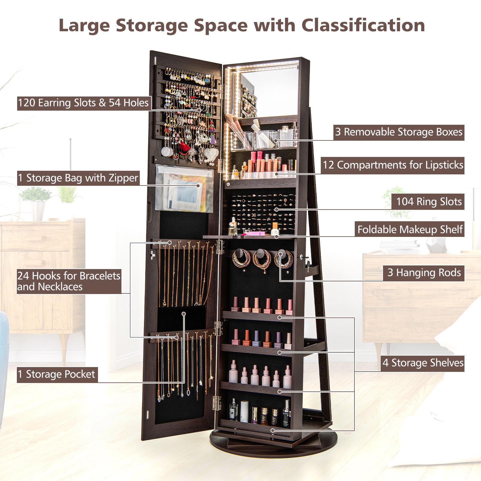 SUGIFT 360 Degree Rotating Jewelry Armoire Lockable Cabinet with LED Lights and Mirror