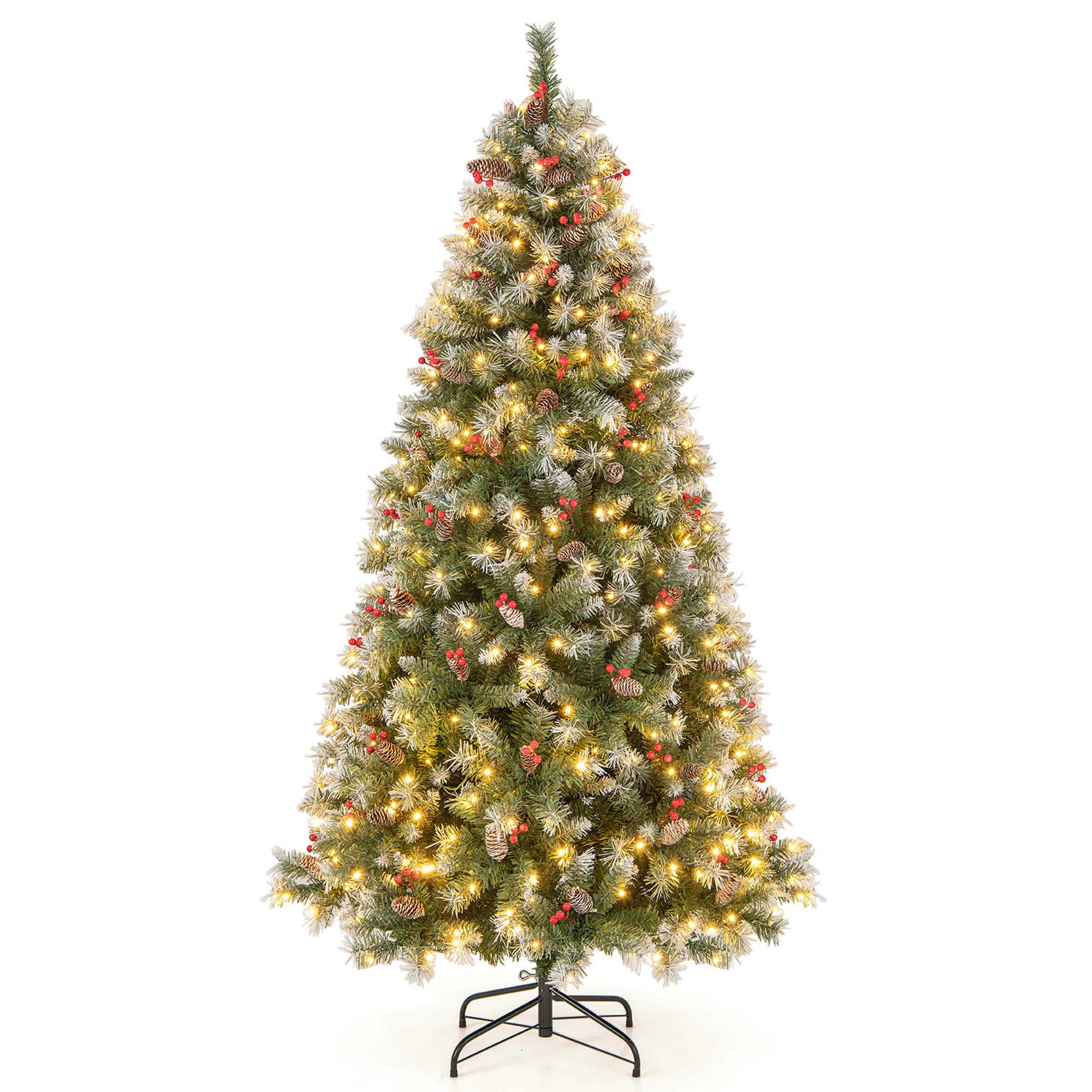 Costway 9 FT Artificial Christmas Tree Hinged with 650 Warm LED Lights & 309 Red Berries