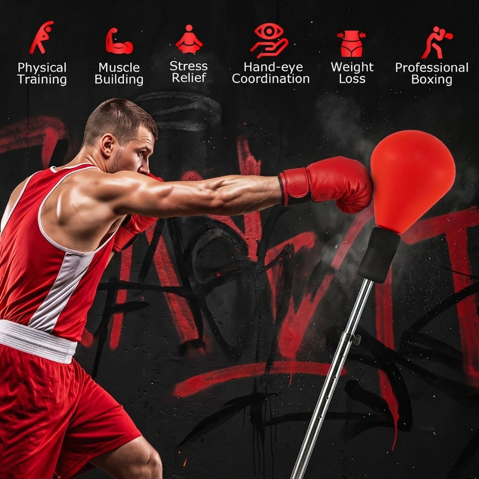 SUGIFT Teen and Adult Red 4-Level Adjustable Punching Bag with Stand and Boxing Gloves 19-in W 54.5-in to 62-in H