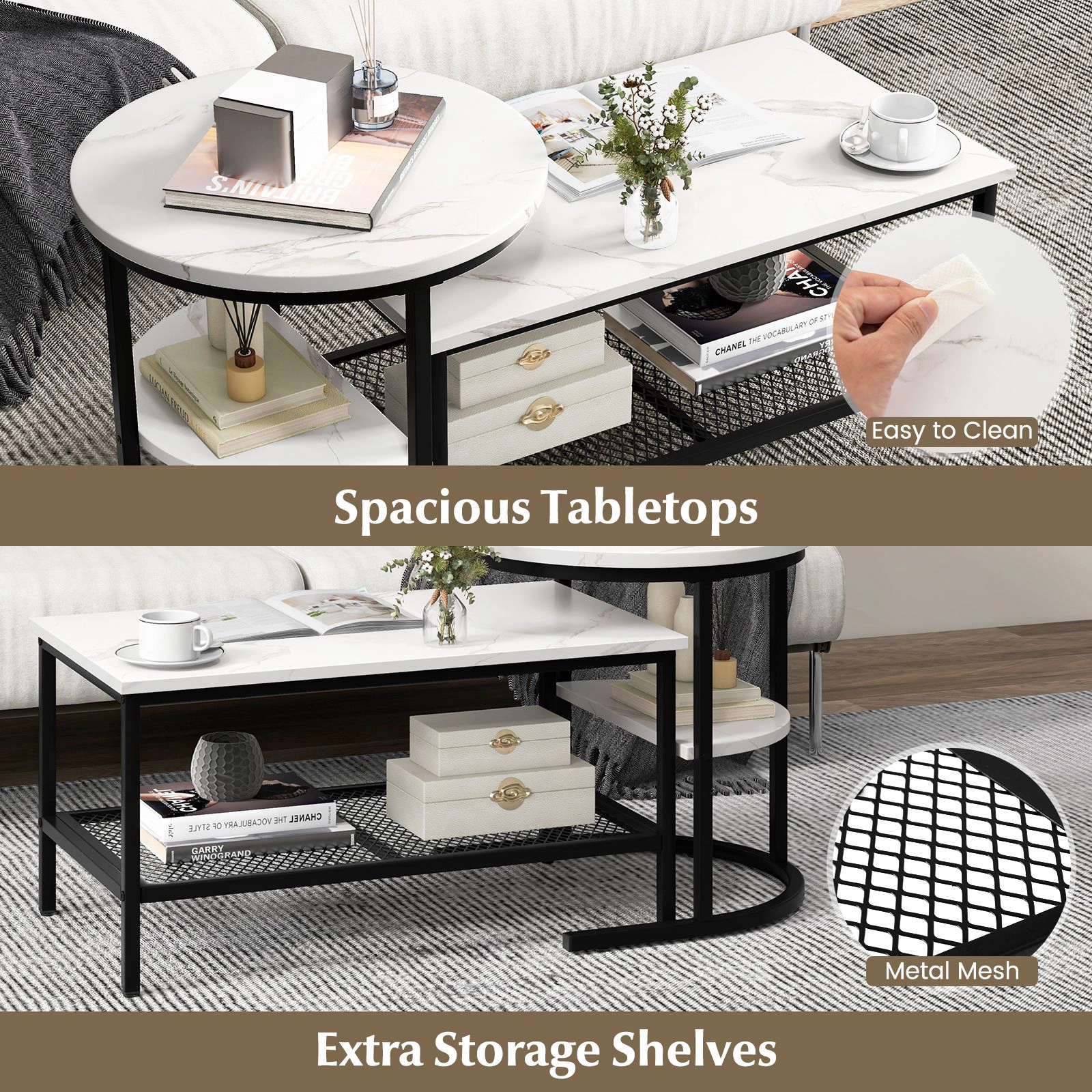 SlickBlue Nesting Coffee Table Set with Faux Marble Tops and Shelf