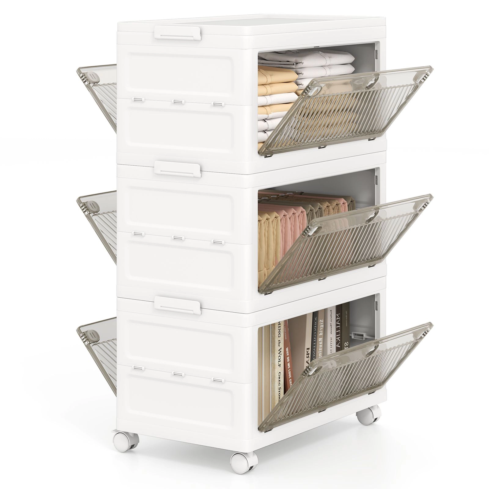 SlickBlue 3 Pack Stackable Storage Bins with Wheels and Folding Design