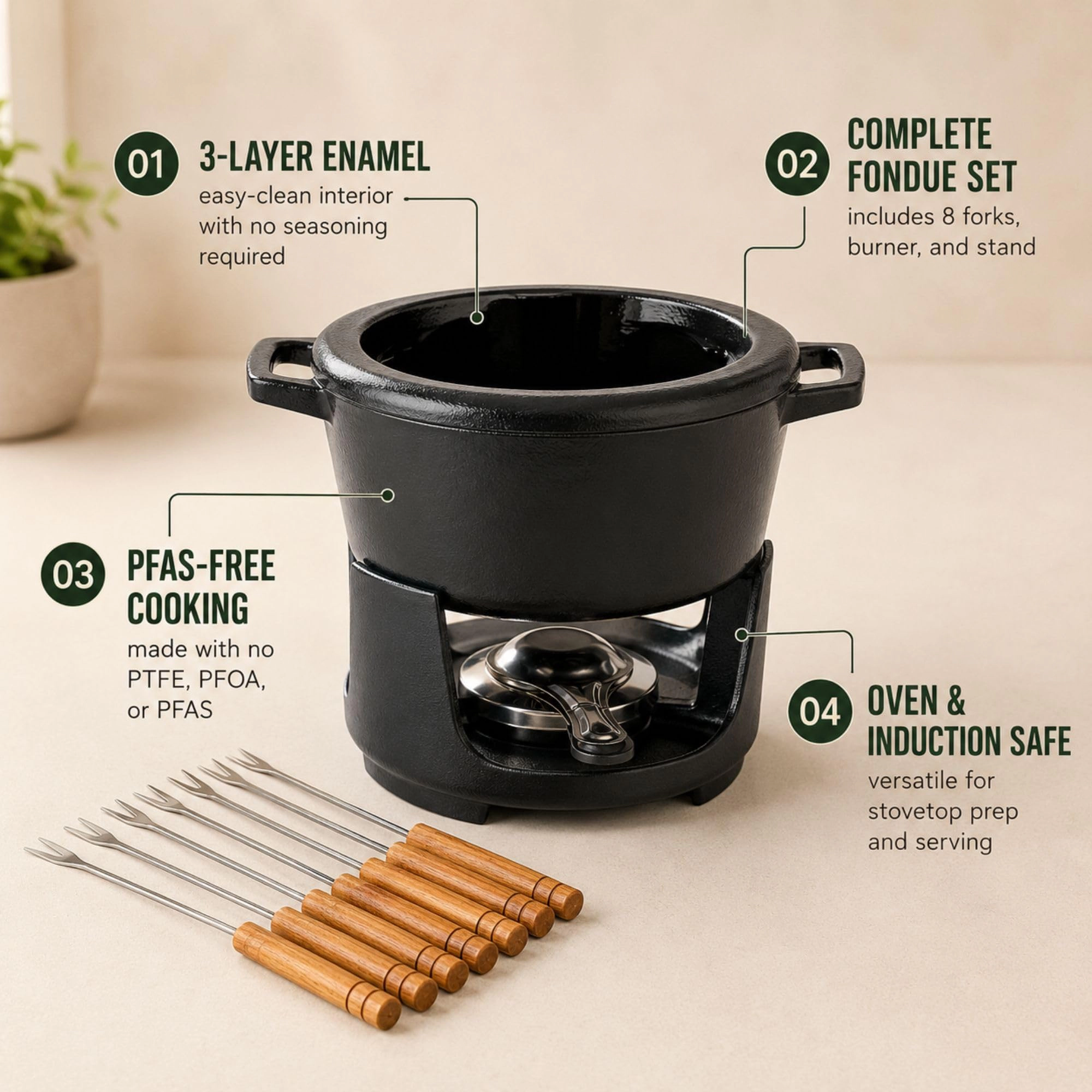 Alva Nori 2.1-Quart Enameled Cast Iron Fondue Pot Set, 8 Forks with Acacia Handles