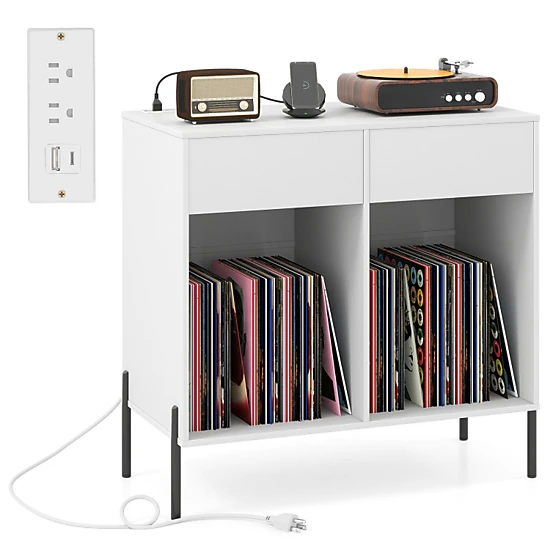 Hivvago Double-Wide Turntable Stand with Power Outlets and Vinyl Storage