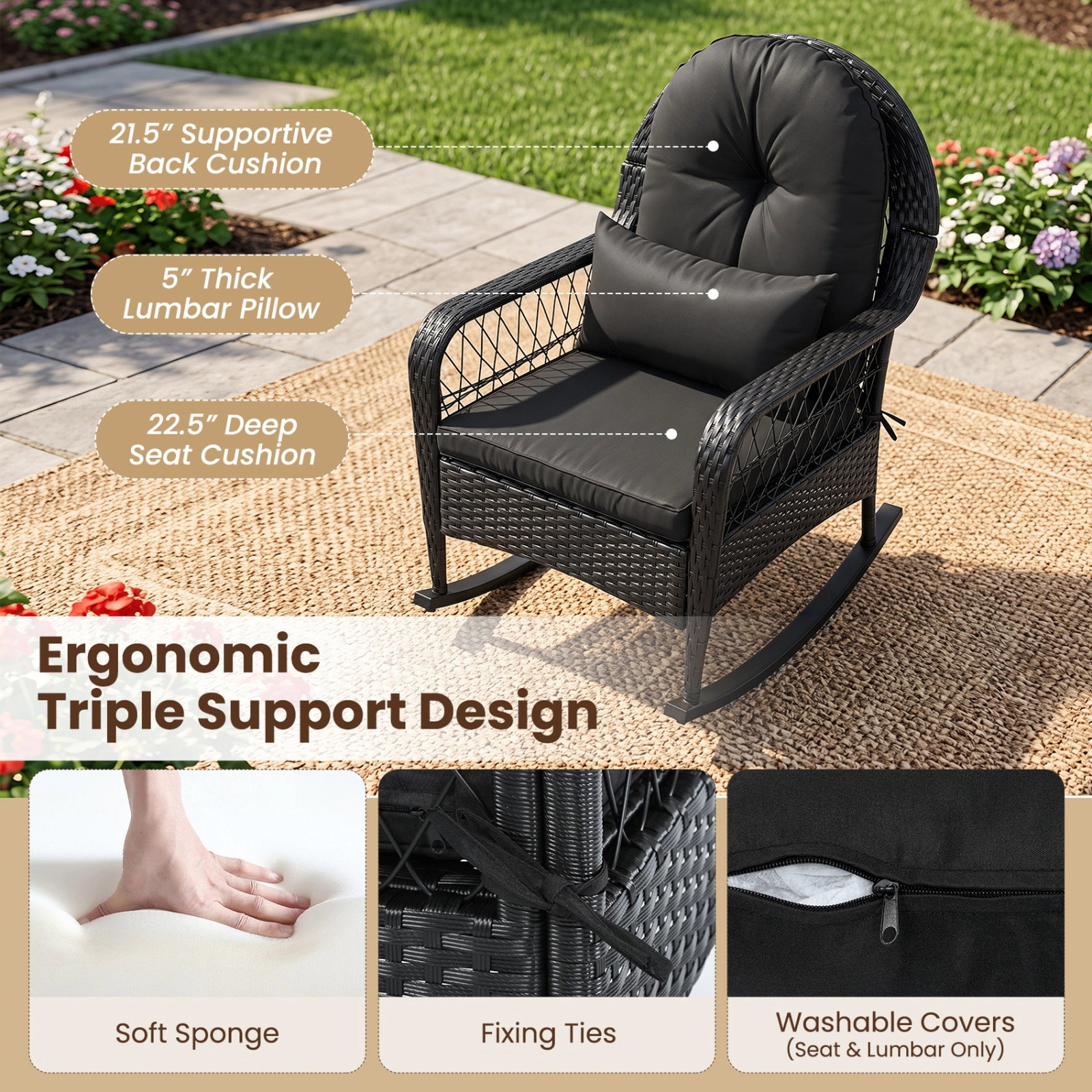 SUGIFT Black Anti-Tip Stoppers and 3-Piece Cushion Set Outdoor Wicker Rocking Chair