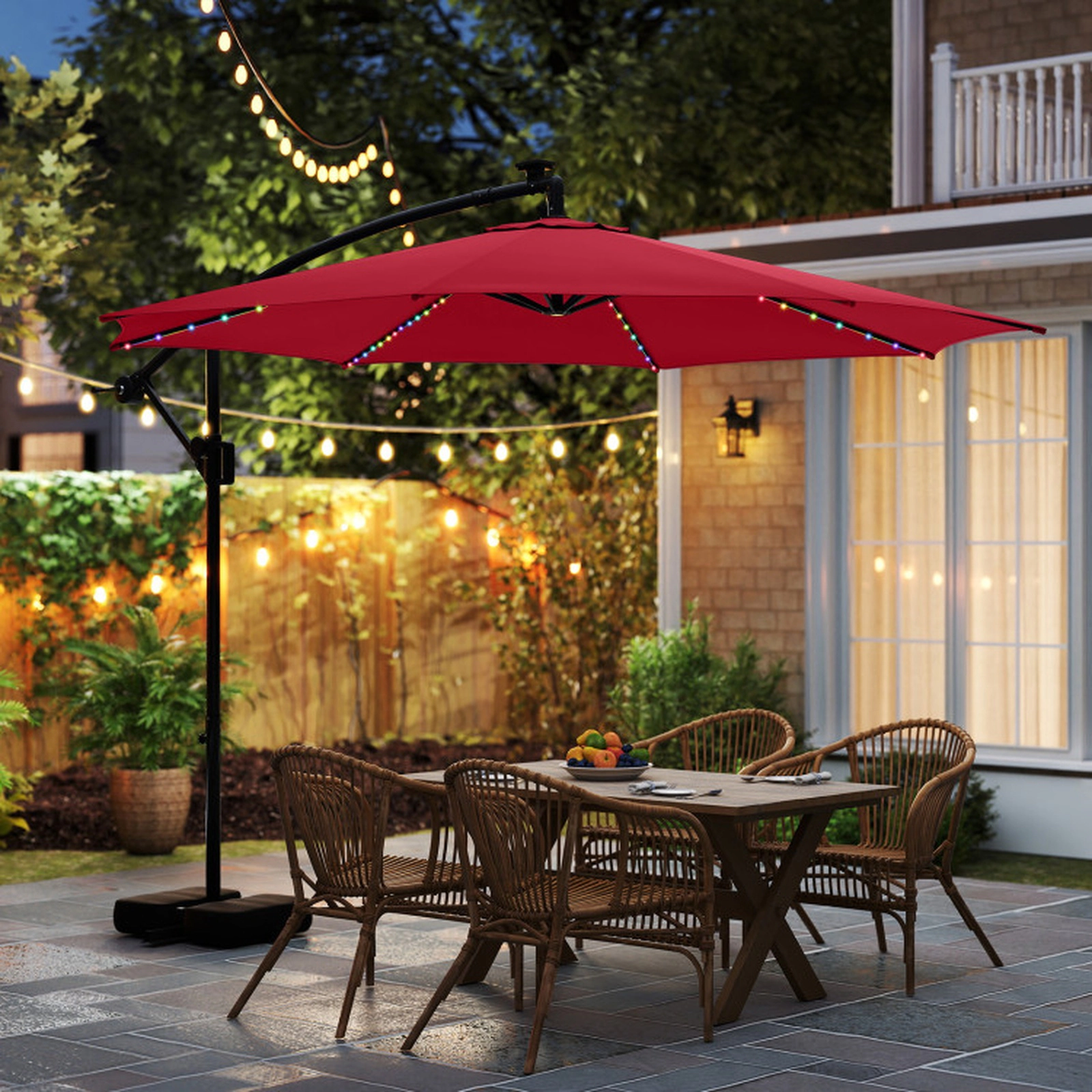 SUGIFT Solar Offset Hanging Patio Umbrella with Base and 96 LED Lights 10-ft x 8.5-ft Canopy Multi-Color