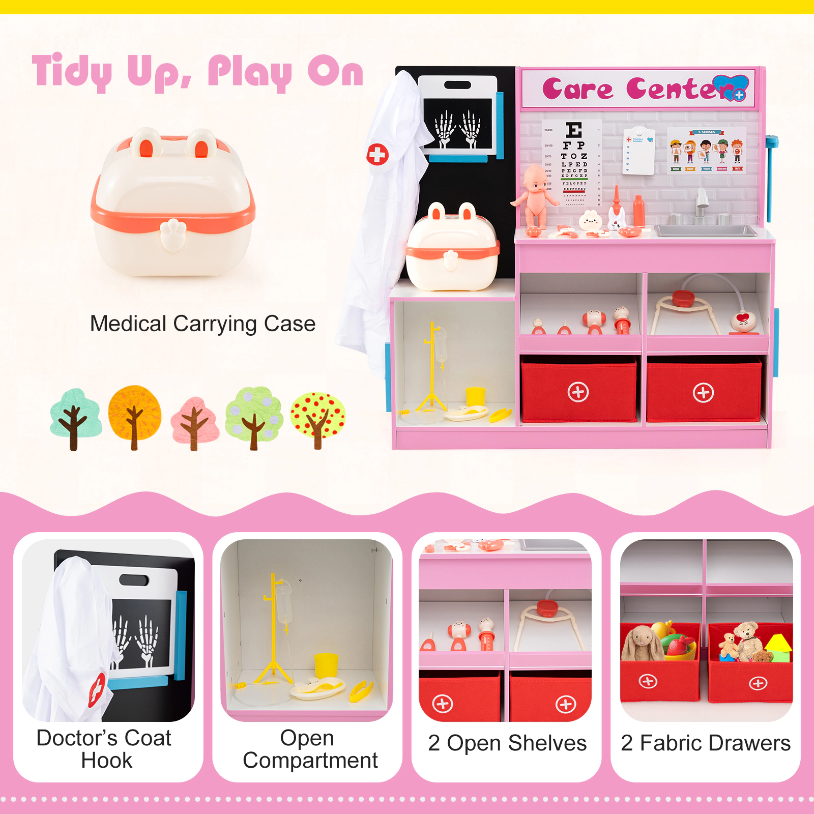 SUGIFT Pink Wooden Doctor Kit for Kids Care Center Playset with Eye Chart X-Ray Film and ECG Monitor 31.5-in Tall