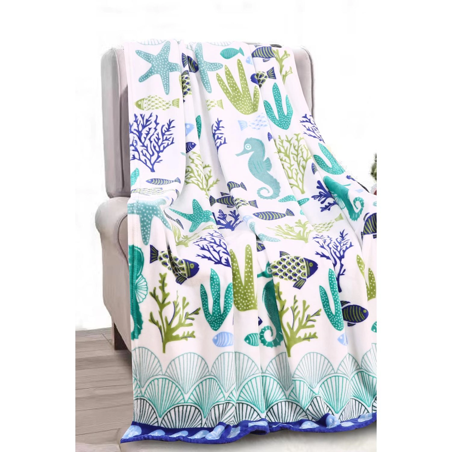 Plazatex Nautical Ocean Coral Plush All Season Decorative Throw Blanket 50" x 60" White & Blue