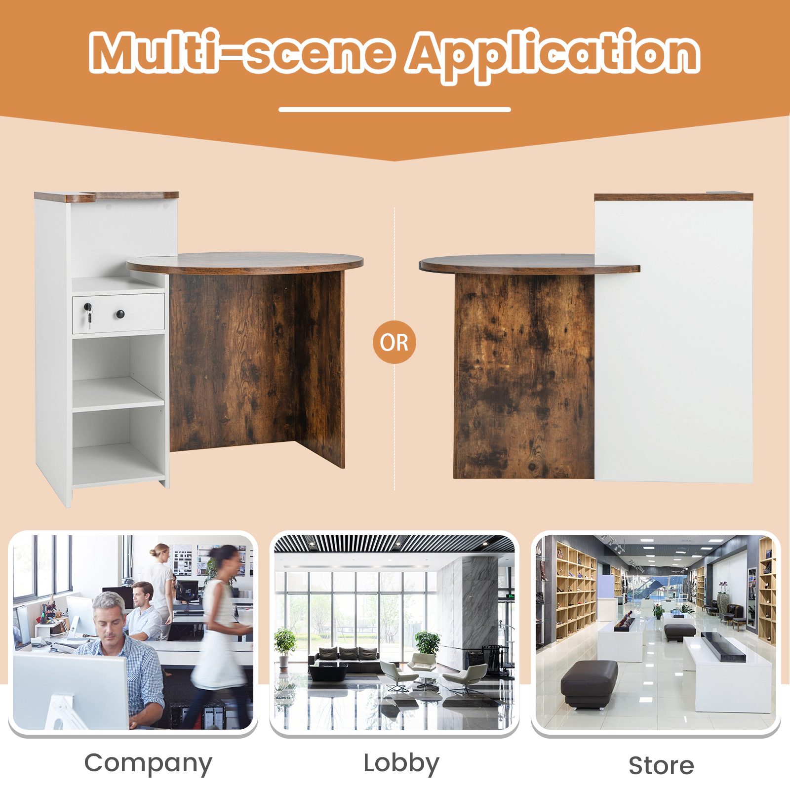 SUGIFT 48-Inch Reception Desk with Lockable Drawer, L-Shaped Shelf and Open Storage
