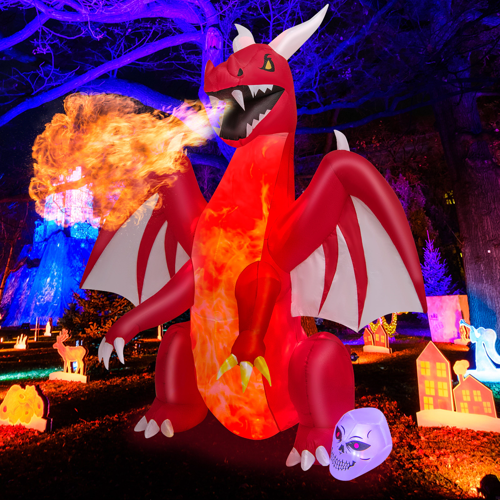 LJG 8 Feet Halloween Inflatables Blow-up Red Dragon with Wings Skull