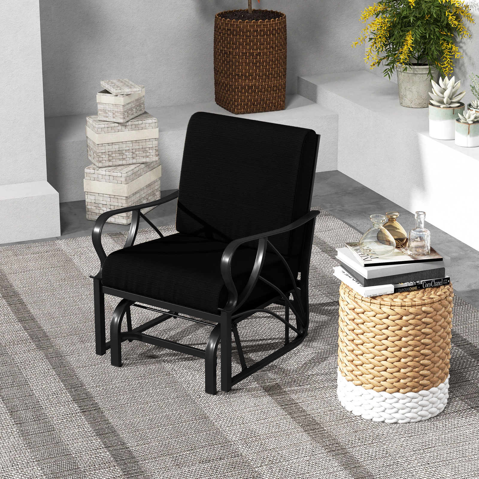 LJG Patio Glider Rocking Chair with Thick Cushion and Curved Armrest