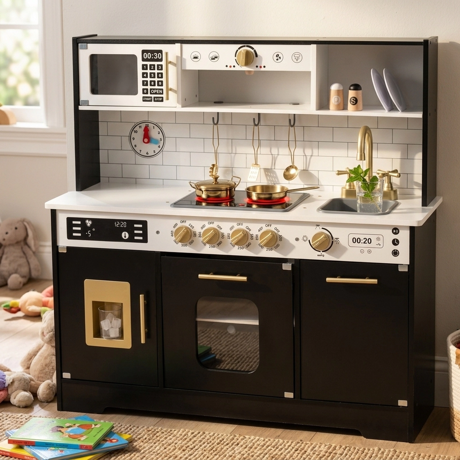 Wooden Play Kitchen for Kids Lighted Stoves Ice Maker Coffee Maker Dishwasher Clock 33.5-in x 11.5-in x 34.5-in Black