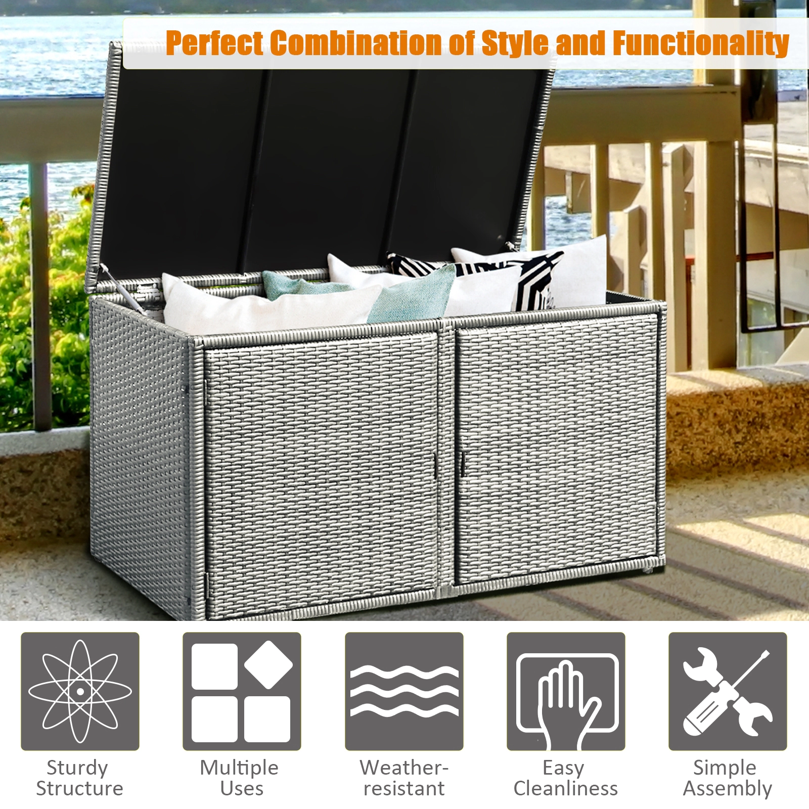 SUGIFT 88-Gallon Weather-Resistant PE Rattan 2-Shelf Garden Storage Box 45-in x 23.5-in x 25.5-in 110-lb Shelf Gray
