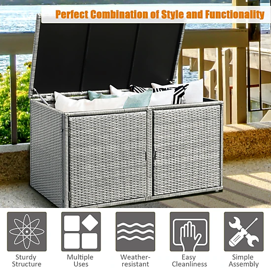 SUGIFT 88-Gallon Weather-Resistant PE Rattan 2-Shelf Garden Storage Box 45-in x 23.5-in x 25.5-in 110-lb Shelf Gray