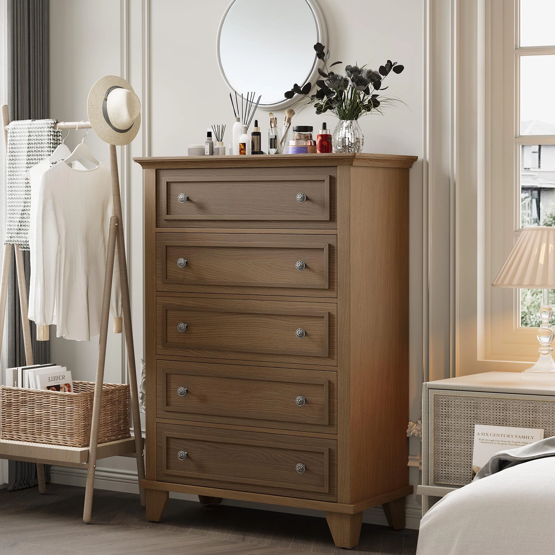 5 Drawer Modern Wood Dresser with Metal Handles, 48" Tall Storage Chest for Bedroom Entryway Hallway