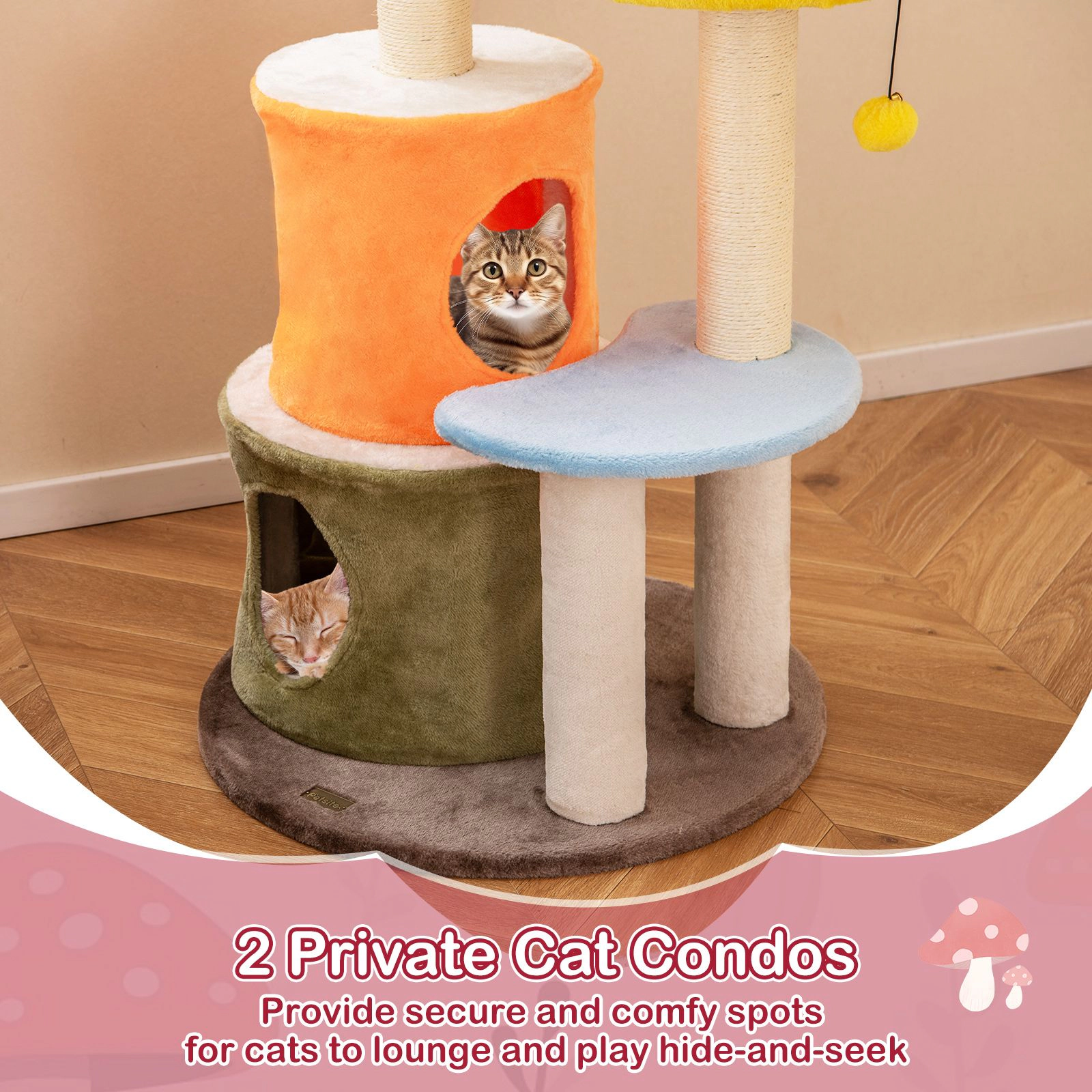 SlickBlue 43" Mushroom Cat Tree with 2 Condos, Perches & Scratcher